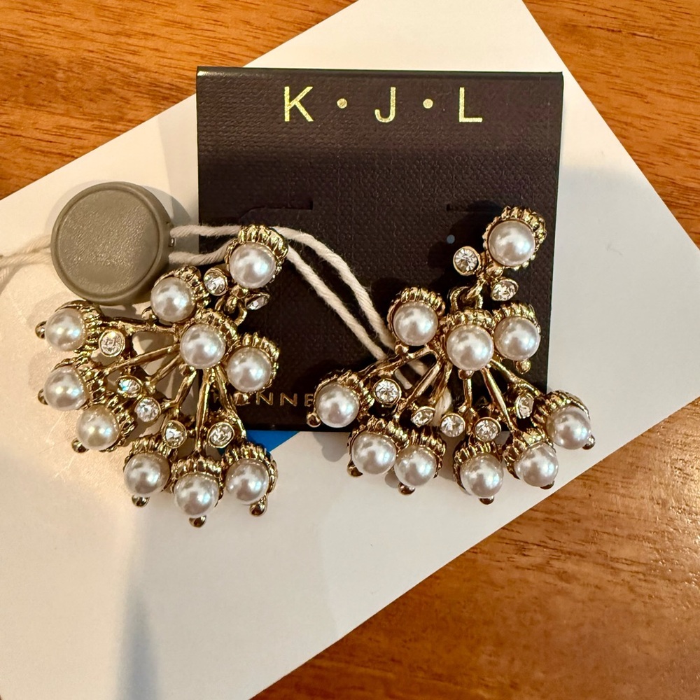 NWT Kenneth Jay Lane Gold Faux Pearl & Crystal Branch Earrings